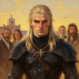 portrait of geralt, new mexico background painted by james gurney, greg rutkowski, by craig mullins, frederic leighton, very romantic, beautiful textures, golden hour lighting