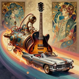 portrait of a gibson es - 3 3 5 guitar steampunk spaceship 1 9 5 3 cadillac lemans dream car, flying over color soundwaves, cables everywhere, sound, fire, new art nouveau, mucha, hot rod, moebius, vintage,
