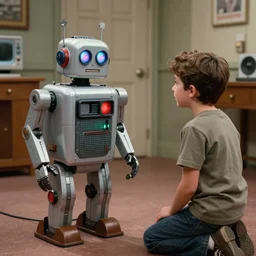 clunky boxy 1 9 5 0 s movie robot, live action, real life, 5 0 s sci - fi film scene of a kid meeting a friendly robot