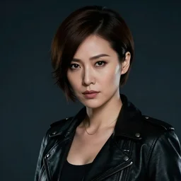 a portrait of female secret agent with short hair by coby whitmore in dark color scheme