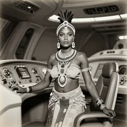 photo of sexy African native ancient woman in ancient clothes and tribal decorations and jewelry in futuristic realistic sci-fi space ship cockpit,cinematic, vintage old photo, black and white, sepia, documentary photo