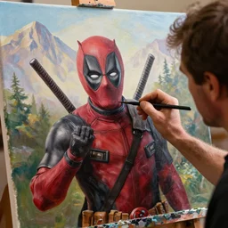 a closeup photorealistic photograph of bob ross working on a canvas painting of deadpool. film still. brightly lit scene. mountains and trees. this 4 k hd image is trending on artstation, featured on behance, well - rendered, extra crisp, features intricate detail, epic composition and the style of unreal engine.