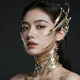 portrait of a beautiful futuristic woman layered with high-tech jewelry wrapping around her face and head, golden-silver light with tiny blue gems scattered like dust