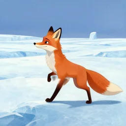 a fox character walking across a glacier,, character illustration by Aaron Miller, Greg Rutkowski, thomas kinkade, Howard Pyle, disney, El Greco, Cynthia Sheppard