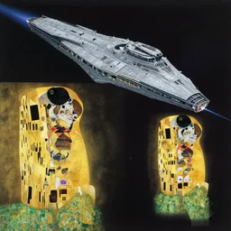 concept art, exterior illustration of a starship traveling in space, cinematic, dynamic composition, jean giraud, sparth, craig mullins, gustav klimt, japanese, buddhist architecture, omni magazine, dieter rams, mecha, rule of thirds, zaha hadid, foreboding, mysticism, alphonse mucha,