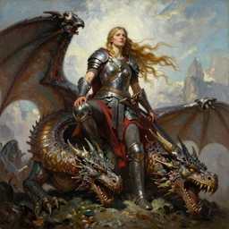 A beautiful oil painting of a viking woman posing over a slain dragon, by Lucas Graciano, Frank Frazetta, Greg Rutkowski, Boris Vallejo, epic fantasy character art, goddess of war, fantasy, armor, Exquisite detail, post-processing, low angle, masterpiece, cinematic