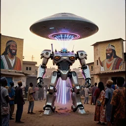 mecha ROBOT of AJEGUNLE SLUMS of Lagos with african JESUS CHRIST on walls, smiling about AESTHETICS, large UFO in the middle of everyone with NEON ray of light, photographed by Martha Cooper, Golden Hour light, analogue photo