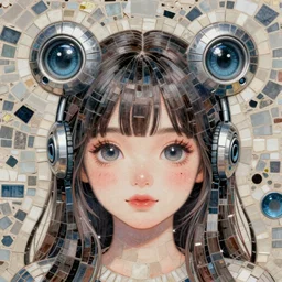 mosaic of a cute young woman with robot ears and eyes, 4k, intricate details