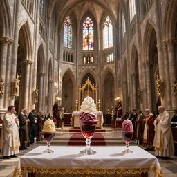 Ceremony of a bordeaux wine soft ice ice cream on an altar during a Latin Rite Catholic Church Service in a Medieval Cathedral