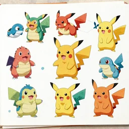 full page lithograph of different pokemon , lithographics, color, colorful, watercolor aesthetic, on white paper, labeled diagram, illustration, detailed, intricate, vector, vector aesthetics