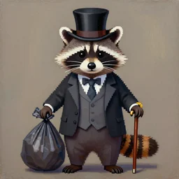 a raccoon wearing formal clothes, wearing a tophat and holding a cane. the raccoon is holding a garbage bag. oil painting in the style of pixel art.