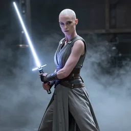 film still of elizabeth debicki as asajj ventress from clone wars, bald head, pale skin, long grey skirt, holding lightsaber, deep focus, glamour pose, dramatic lighting, unreal engine, mist, steve mccurry, cinematic composition, volumetric lighting