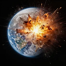 the moon smashing into the earth, massive impact, explosive, collide