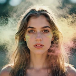 analog close up frontal face portrait photography of a beautiful woman surrounded by colored powder explosion by monia merlo and marco mazzoni. vogue. kodak portra 8 0 0 film. ( depth of field ). whirl bokeh!!. golden hour. detailed. hq. realistic. warm light. muted colors. filmic. dreamy. lens flare. mamiya 7 ii, f / 1. 2, symmetrical balance, in - frame