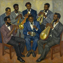 a painting of a group of men playing instruments, an ultrafine detailed painting by romare bearden, behance, black arts movement, artwork, fauvism, academic art
