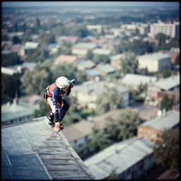 lomo photo of basejumpers climbing on roof of soviet hrushevka, small town, cinestill, bokeh, out of focus