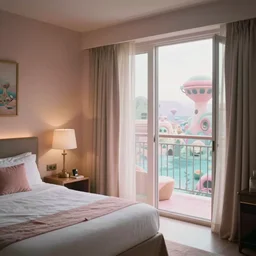 a pastel coloured high quality film photograph of a hotel room and balcony in a dream state alien world. ambient light.