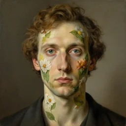 portrait of a man, skin is flowers and leaves, by rene magritte, detailed painting, hd, hq, high resolution, high detail, 4 k, 8 k
