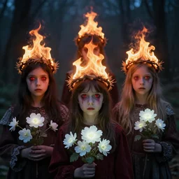 chidren with crowns of fire on their heads,. red eyes. white flowers. glowing. folk horror