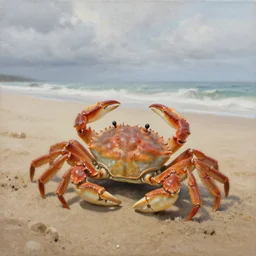 a detailed painting of a crab, all alone, on the beach, on a cloudy day