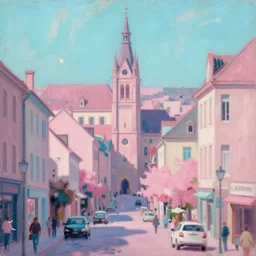 city of metz in france, highly detailed oil painting by francis bacon, edward hopper, adrian ghenie, glenn brown, soft light, 4 k, pink and cyan,