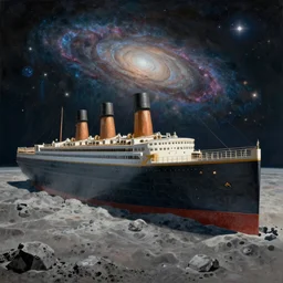 hyperrealistic painting of the highly detailed photorealistical titanic laying on lunar landscape, background space, galaxy, mystical light, concept art, art station, award winning art, 8k, octane render, unreal engine 5