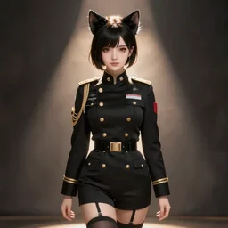 cute anime girl with hourglass figure in black military uniform and cat ears