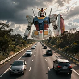 photorealistic shot of cars on the freeway with a gundam in the background, simon stalenhag,