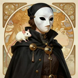 female plague doctor with a white mask and a black cloak, white mouse on the shoulder, steampunk, detailed illustration, hd, 4k, digital art, overdetailed art, by greg rutkowski, by Alfons Mucha, complementing colors, Trending on artstation, deviantart