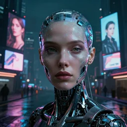 detailed face of a biomechanical woman, moment, cyberpunk cloisters, electronic billboards, tech noir, wet reflections, prism, atmospheric, ambient, pj crook, syd mead, livia prima, greg rutkowski, edward hopper