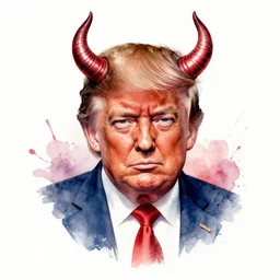 trump with demon horns, watercolor splash under dotwork