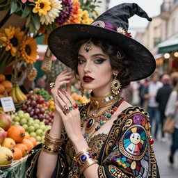 a masterpiece ultrarealistic ultradetailed portrait of beautiful love, jewelry genius, witch girl on fruits street market baroque renaissance. medium shot, intricate, elegant, by stanley artgerm lau, wlop, alphonse mucha, rossdraws, andrei riabovitchev, yoshitaka amano. flower background my james jeand and takashi murakami.