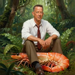 Tom Hanks as forrest gump sitting on a giant shrimp in the jungle, realistic digital painting, in the style of Vitaly Samarin Alexiu, photoreailstic, realistic face, amazing detail, sharp