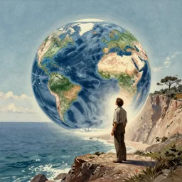 Concept Art of cinematography of Terrence Malick film by Doré, Gustave. Scene of the world being created via a portal on a seaside cliff, a man stands beside it in awe