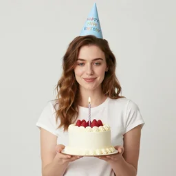 portrait photo still of anna kendrick holding a small cake, wearing a birthday hat, in front of a crack den on fire, 8 k, 8 5 mm f 1. 8