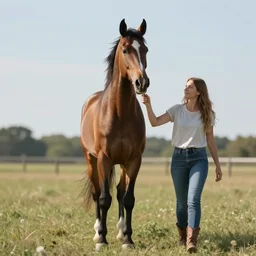 photo of an upright on two feet horse walking hand and hand with a woman