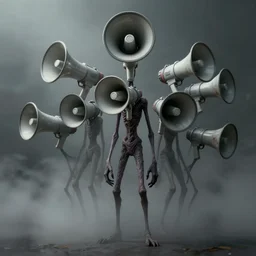 megaphones. a very thin tall huge creepy humanoid with several megaphones instead of a head. megaphones, megaphones! character concept art, extremely high details, octane render, fog, horror, artstation contest winner, masterpiece
