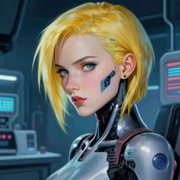 cyberpunk screenshot. intense sidelong stare. close face portrait. dr. gero's laboratory bg. scene of beautiful pretty lithe feminine cybertronic lazuli 1 8 painted by norman rockwell. character designed by hideaki anno. bodysuit. blonde hair. digital. lighting by james gurney. trending on artstation. masterpiece. artgerm mucha rutkowski.