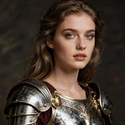 close - up portrait of beautiful model dressed gladiator with metallic armor, art by caravaggio and sarah moon