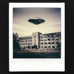 old polaroid of an ufo flying above an abandoned hospital during world war 2, award winning, pictorialism, black and white, daylight