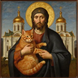 russian orthodox christian church painting of a ginger cat by andrey rublev, oil painting,