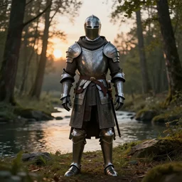 a templar knight standing in a forest near a river at sunset, anatomically correct, hyperrealistic, concept art, octane render, unreal engine 5, trending on Artstation, high quality, 8K, highly detailed, symmetrical, five fingers, path tracing, soft lighting