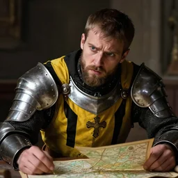 Closeup of frustrated and acerbic male medieval sergeant with a {short} beard wearing a {black!!!! and yellow tabard} over a steel breastplate and a black gambeson looking up from a map on a table, intricate, dramatic lighting illustration by Greg Rutkowski, {perfect face}, {perfect eyes}, fantasy