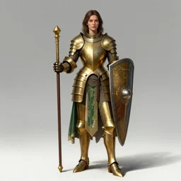 full body portrait of a female italian warrior medium length brown hair and a very highly detailed face wearing elegant golden plate mail armor with green and white cloth, holding a tall rectangular tower shield, very highly detailed, artstation, cgsociety, realistic character concept art, sharp focus, by michael komarck, wlop, greg rutkowski and alphonse mucha