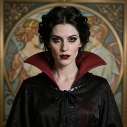 portrait of a lady vampire, 35mm, victorian, depth of field, ominous, sharp, highly detailed, photorealistic, realistic, unreal 5, high definition, 8k, deviantart, donato giancola, irwin penn, ((Alphonse Mucha))