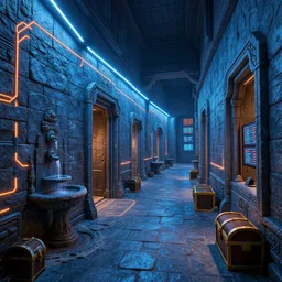 futurepunk dungeon, ancient stone tiling, blue and orange neon lines along the wall, bluestone walls, trending on artstation. absurdly detailed linear hallway with doorways. wall fountain, treasure chest, cobwebs, digital readouts on a series of screens
