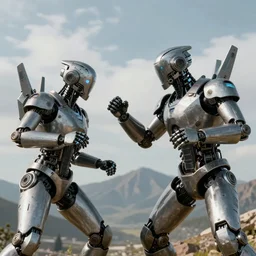 two humanoid futuristic robot fighting each other, landscape, Cyberpunk, Steampunk, close up, cloudy, mountains on background, peaceful day