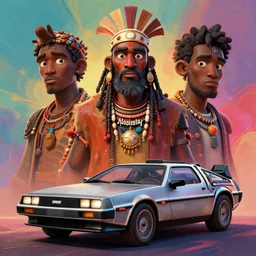stylish 3 d vfx - drew struzan movie poster - art of an african tribal chief and a delorean, art style by james jean & hsiao - ron cheng, unreal engine render, digital illustration, sharp, intricate detail, volumetric lighting, ray tracing, soft light, colourful, claymation style, ernie barnes style, portrait, symmetry, acrylic on canvas, pinterest, art