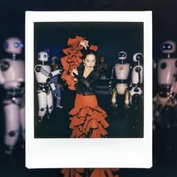 flamenco guitarist at a cyberpunk birthday party with robots and androids, polaroid