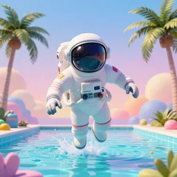 astronaut wearing headphones floating in an infinity pool, palm trees, vaporwave, pixiv fanbox, dramatic lighting, maximalist pastel color palette, splatter paint, pixar and disney concept, graphic novel by fiona dustin nguyen peter elson alan bean wangechi mutu, clean cel shaded vector art, on artstation